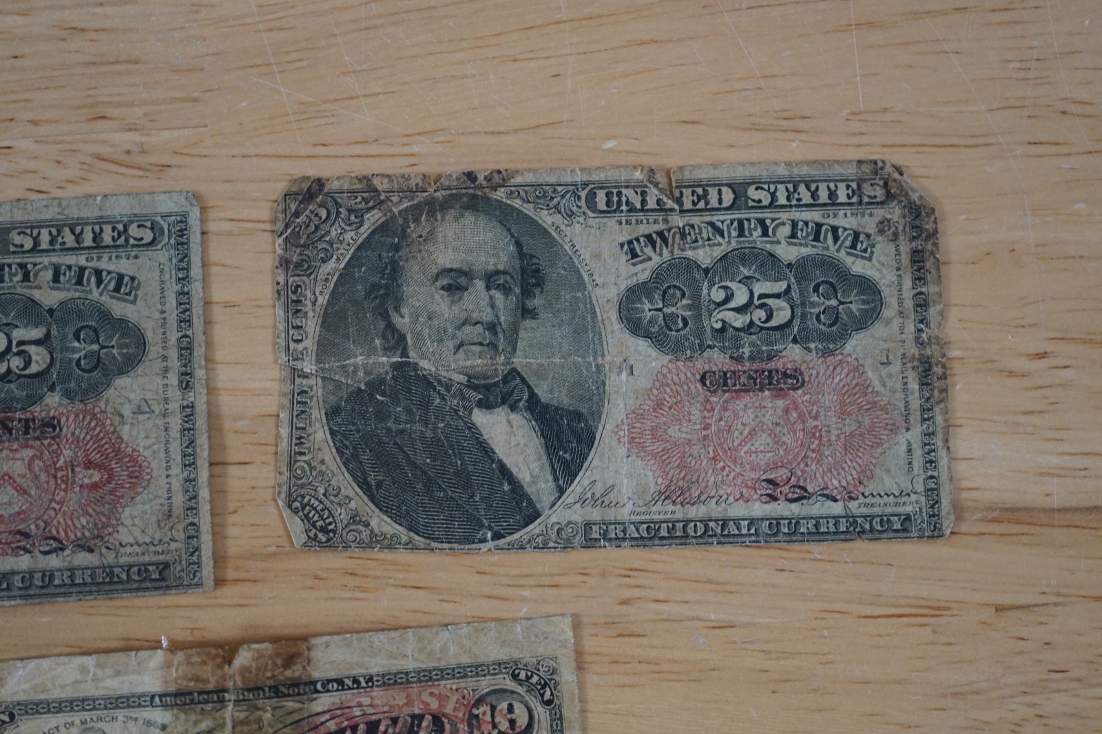 Lot of 2 1874 25c Twenty Five Cents Fractional Currency & 10c Ten Cents 1863