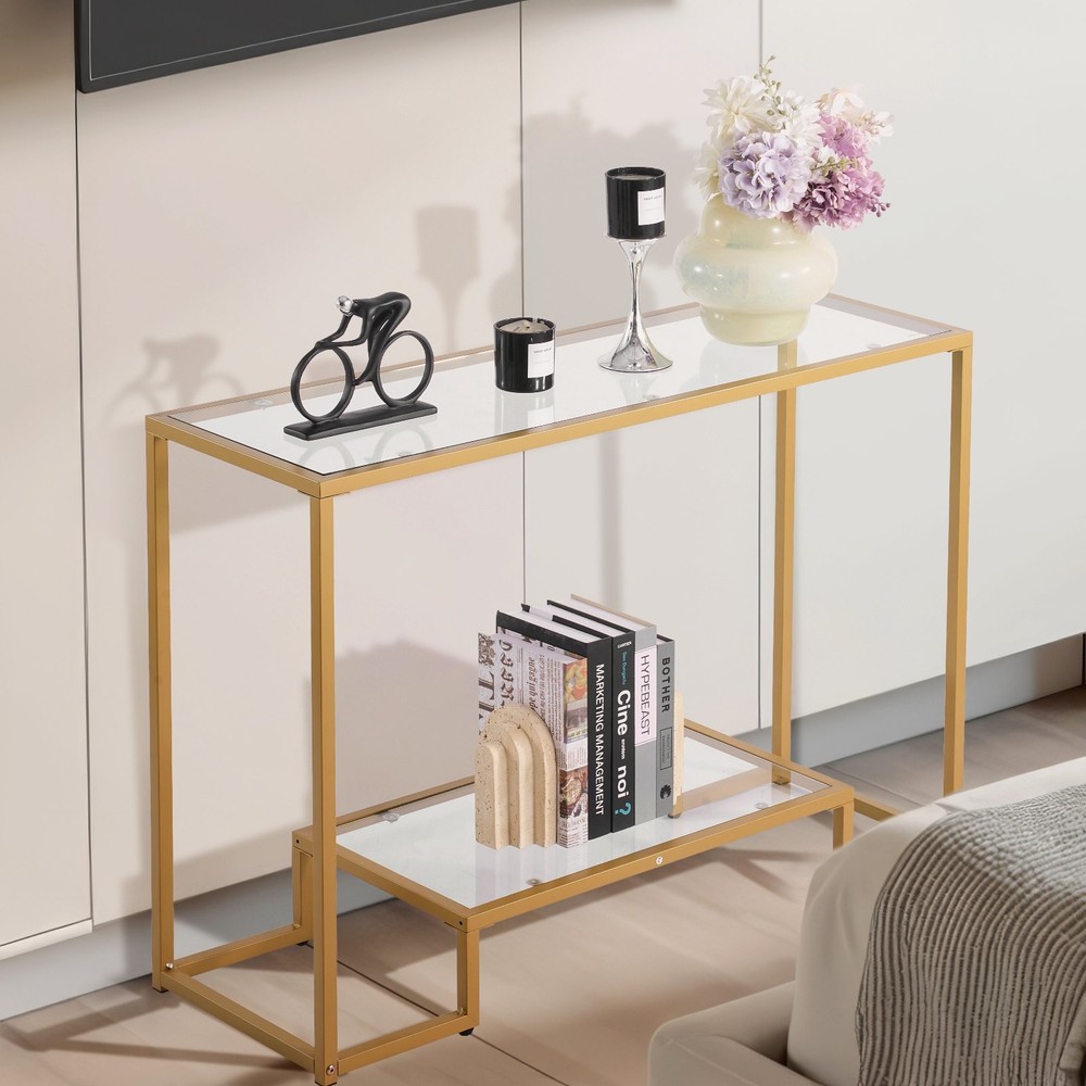 New/2-Tier Glass Console Table, Modern Rectangle Sofa Side Table with Tempered G
