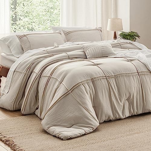 Beige Comforter Set - 4 Pieces Grid Pleated Bed Set, Down Queen 17 - Grid