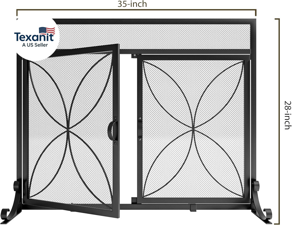 Fireplace Screen with Magnetic Doors,Handcrafted Wrought Iron Classical Scroll D