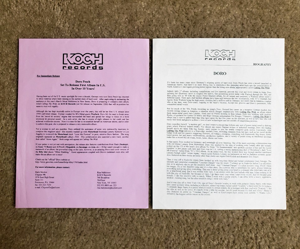 Doro Pesch Calling the Wild Autographed CD & Press Kit Write Up - (Warlock)