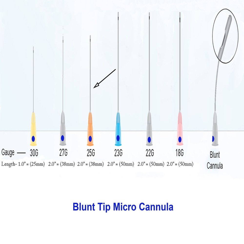 Micro Dermal Rounded Blunt-Tip Cannula Blue Dot Port side Indicator