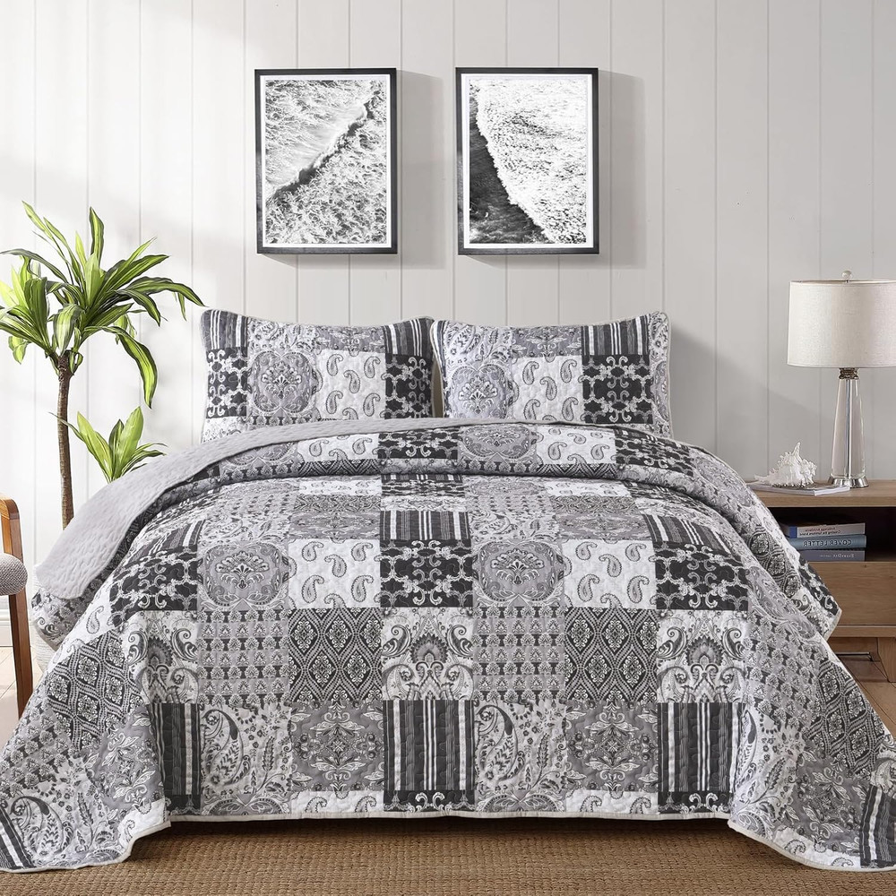 King Size Grey Quilt Set Patchwork Plaid Boho Bedding 3 Piece Bedspread Set