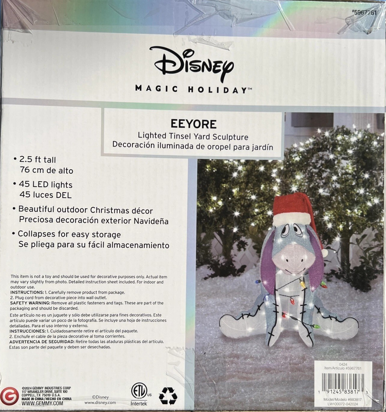 Disney 2.5ft LED Tinsel Eeyore with Santa Hat Christmas Lights Yard Decoration