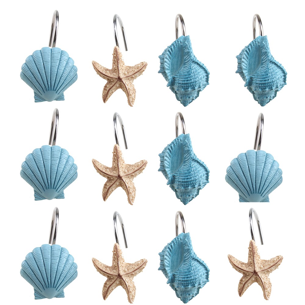 12Pcs Blue Decorative Seashell Bath Shower Curtain Hooks Bathroom Decor Rings