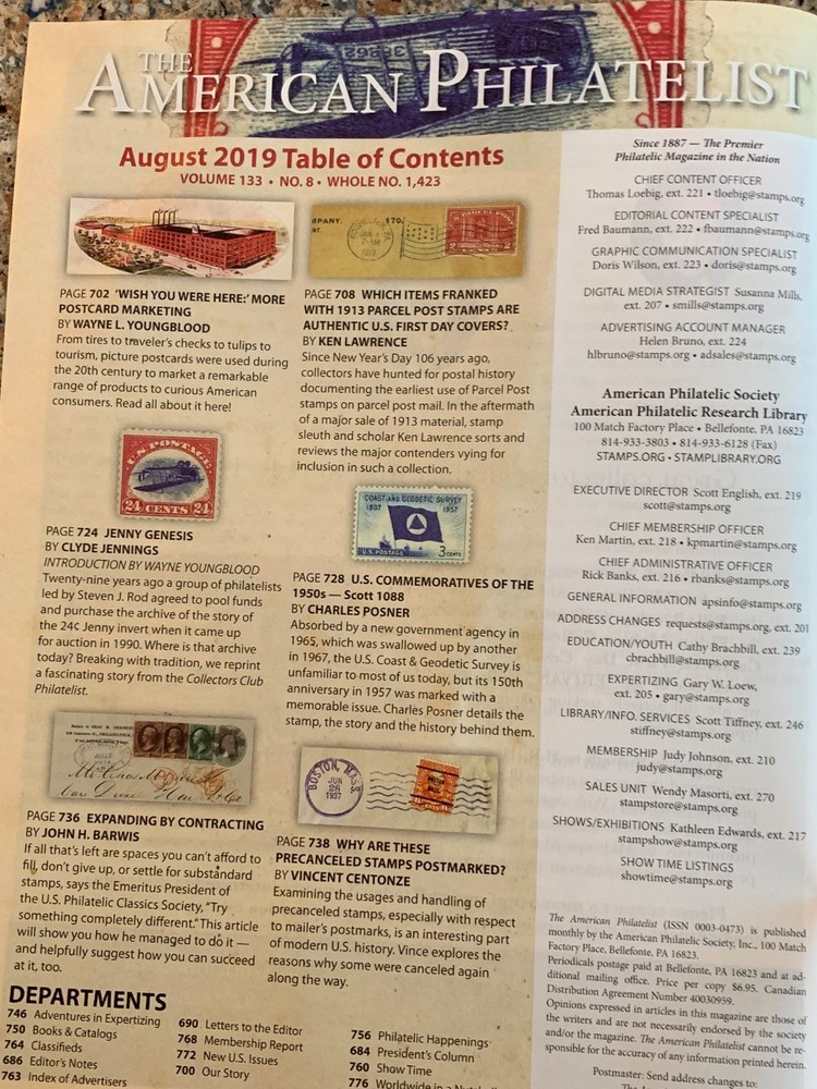 American Philatelist Magazine 2019, August