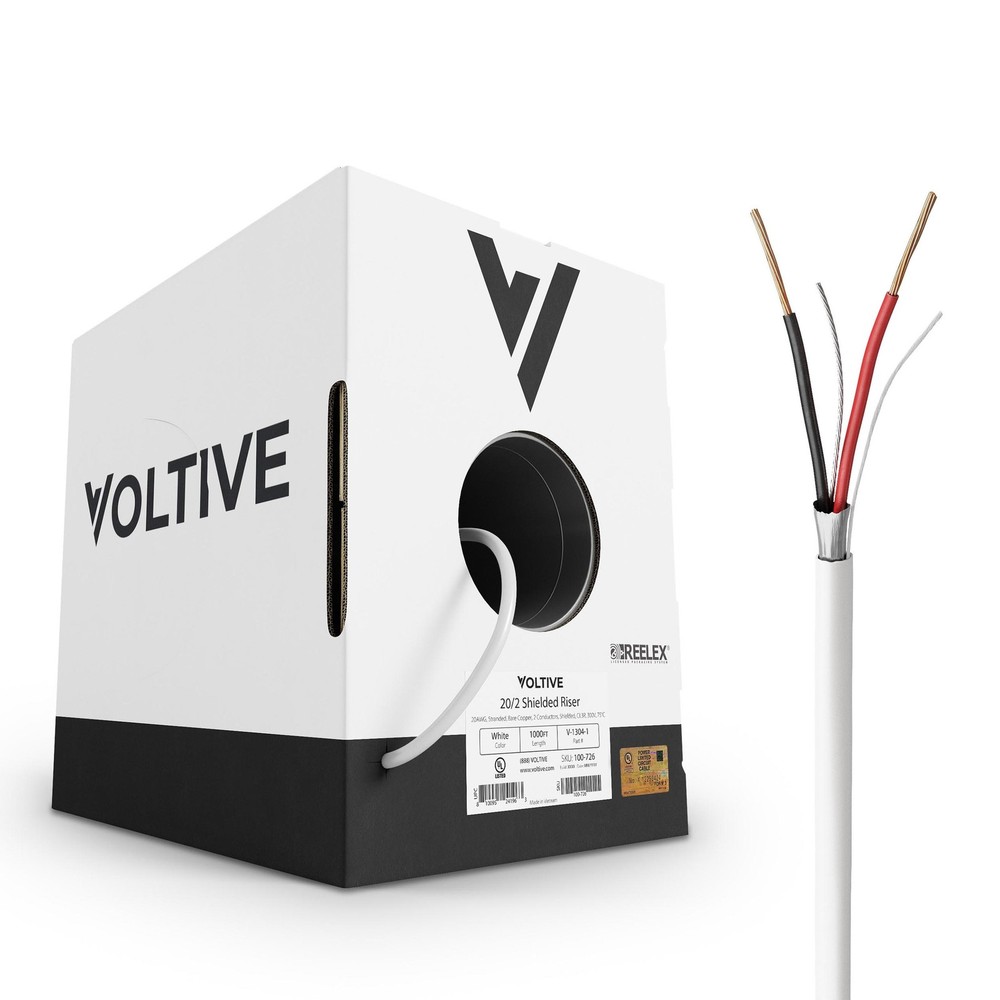 Voltive 20/2 Shielded Low Voltage Wire, Riser CL3R, White, 1000ft