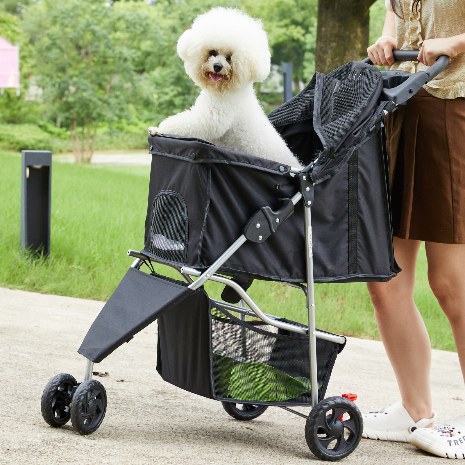 3-Wheels Foldable Pet Stroller Dog Puppy Stroller Cart w/Cup Holder Carrier Cart
