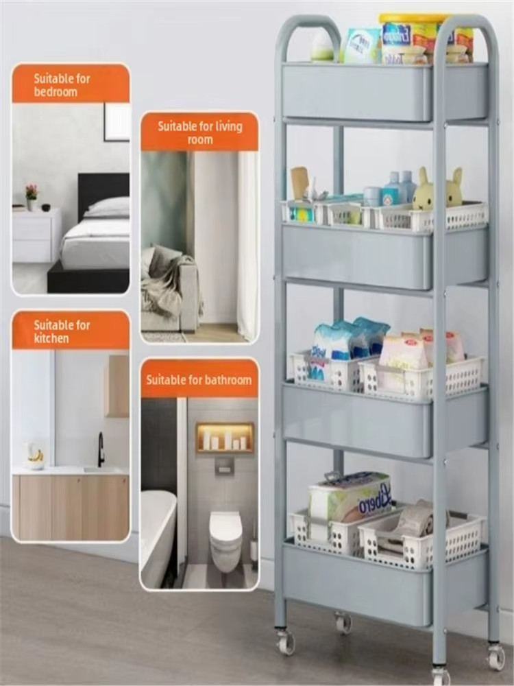 Trolley with Handlebar and Storage Rack, Floor-Standing, Multi-Layer Storage.