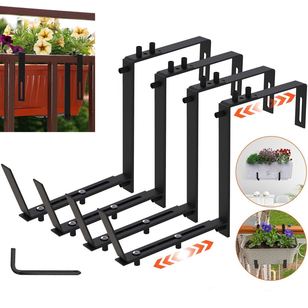 4PCS Adjustable Planter Box Brackets Mounts Deck Railing Flower Box Holder Hooks