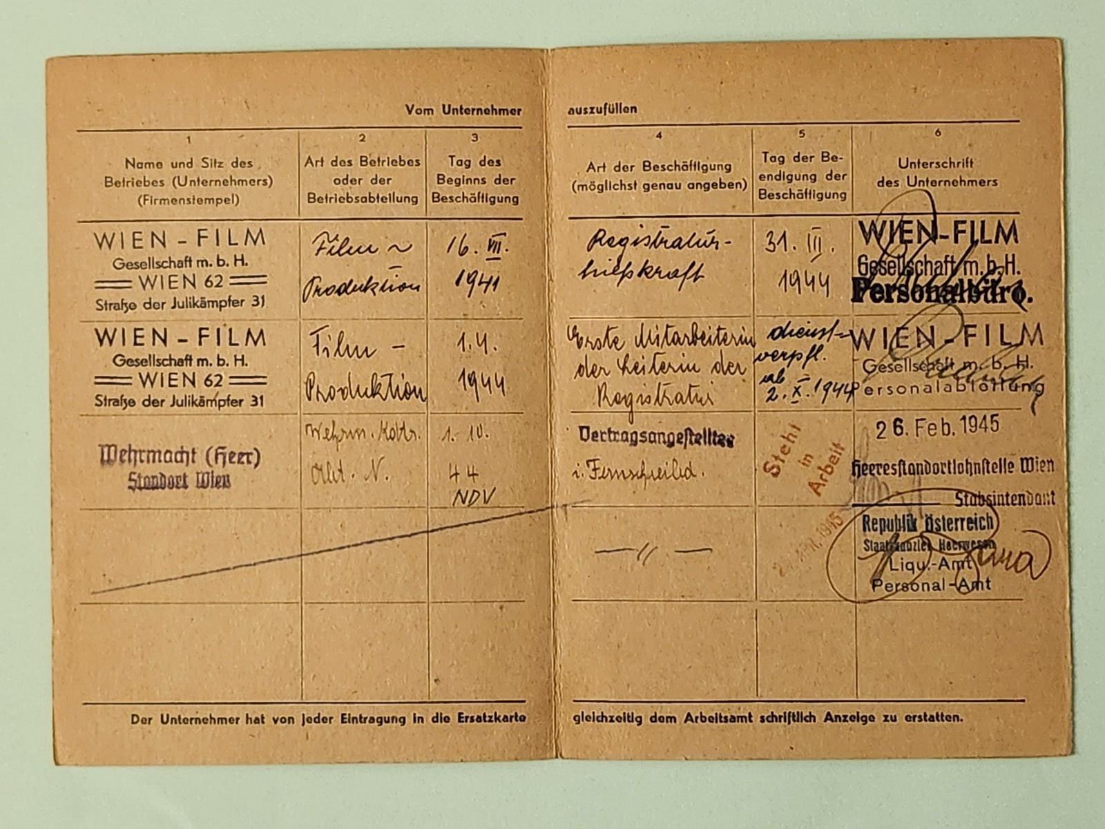 WW2 Germany. Replacement card for workbook, 1941-45..