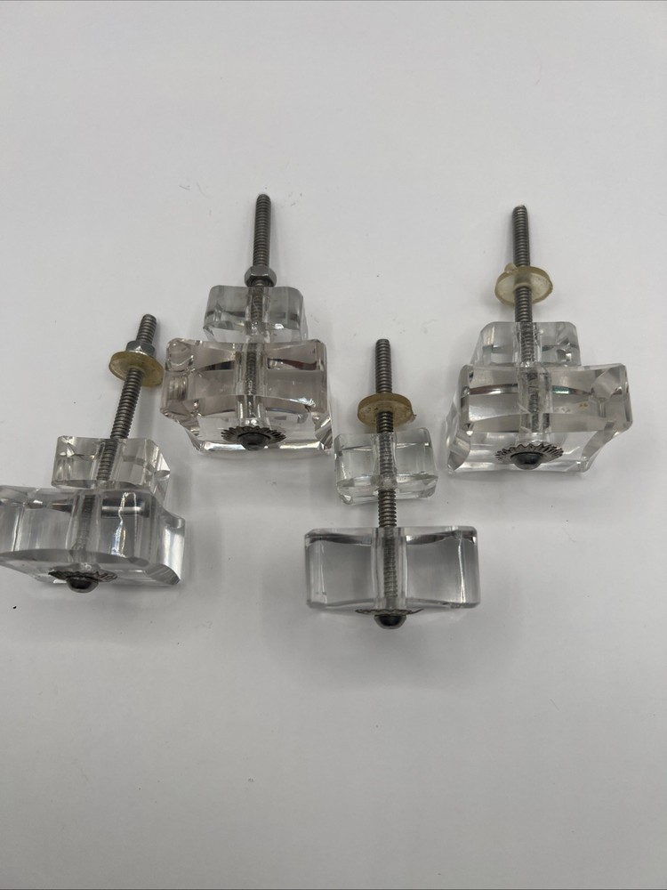 4 Clear Glass Cabinet Knobs Pulls Square Silver Flower 3”x 1.5” Read!