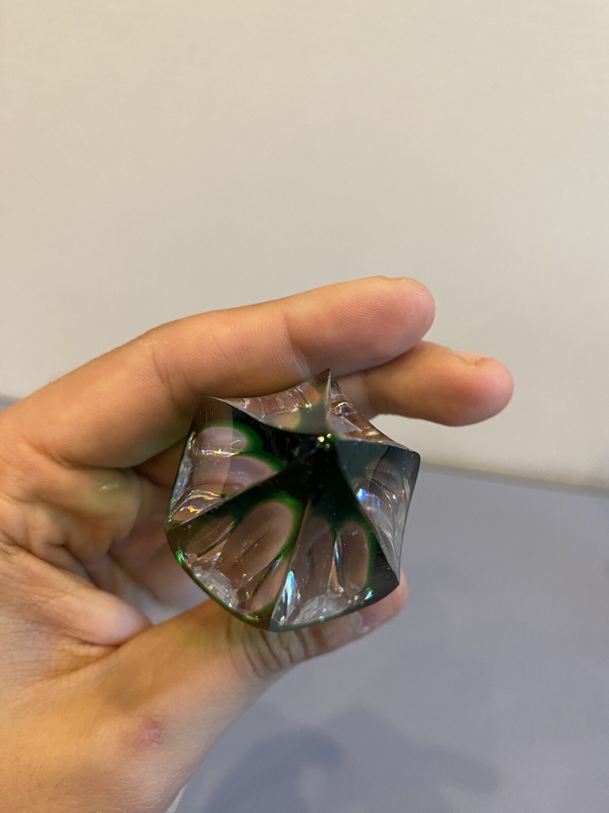 STUNNING VTG Emerald Green Cut To Clear Crystal Decanter W/Stopper 15.25"H