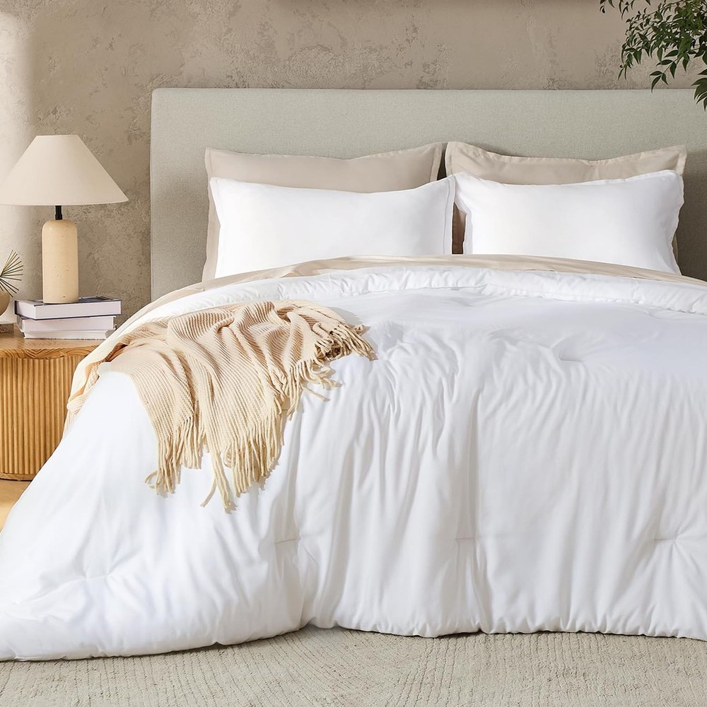 White Queen Size Comforter Set, 3 Pieces Boho Solid Bedding Comforters & Sets, M