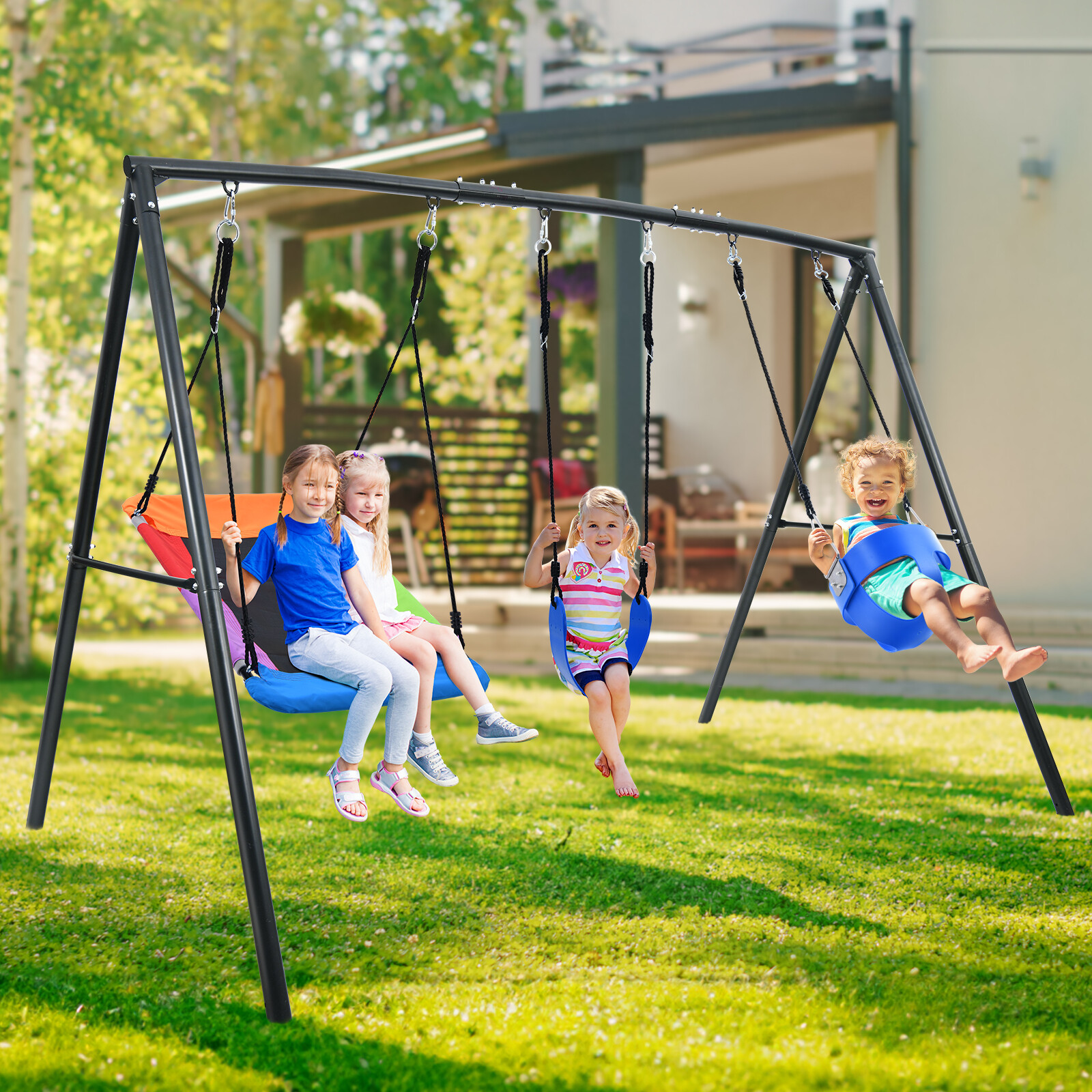 440lbs 4 IN 1 Backyard Metal Swing Set with Three Swing Heavy Duty A-Frame Stand