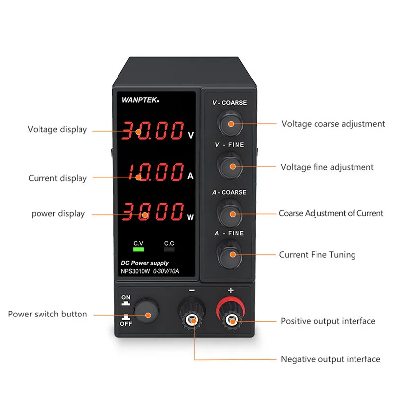 Adjustable 0-30V 10A DC Power Supply Variable Regulated Lab 4-Digits LED Display