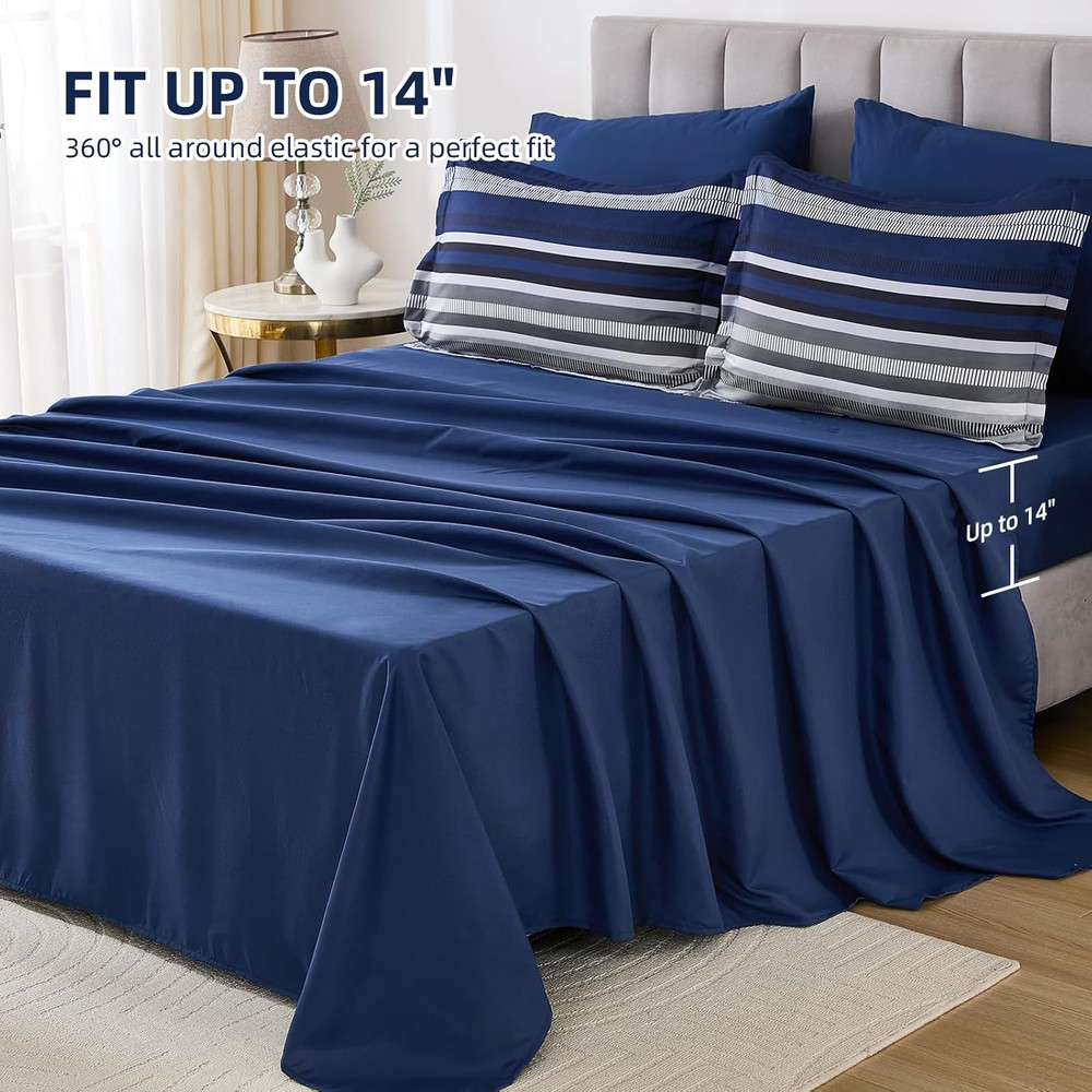 Navy Blue Queen Comforter Set 7 Pieces, Boho Striped Bed in a Bag Queen Size Sof