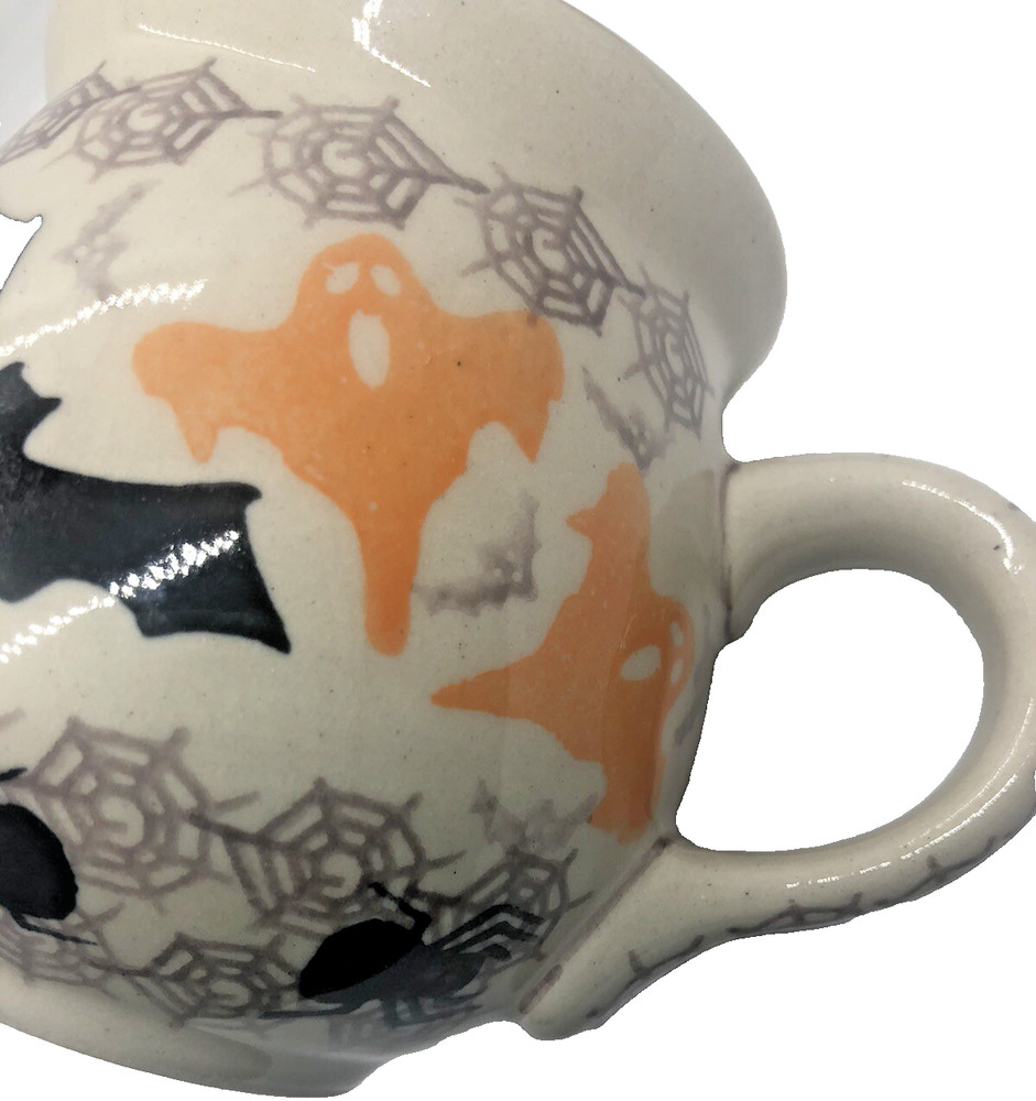 Polish Pottery Medium Bubble Mug Coffee Tea Pattern BOO Ghosts Bats Spiders
