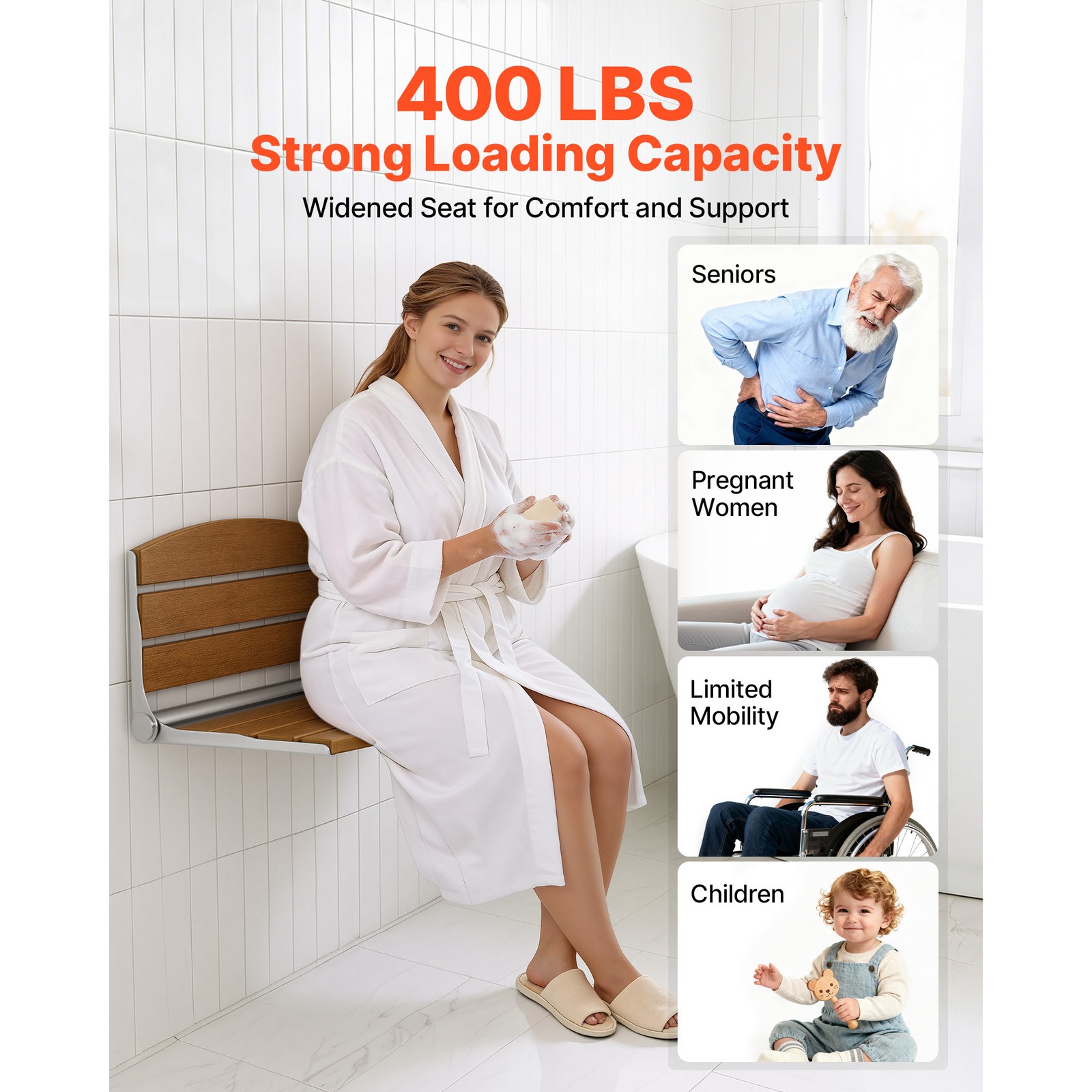 Uimoso Foldable Shower Seat Wall Mounted Folding Shower Bench 400LBS Capacity