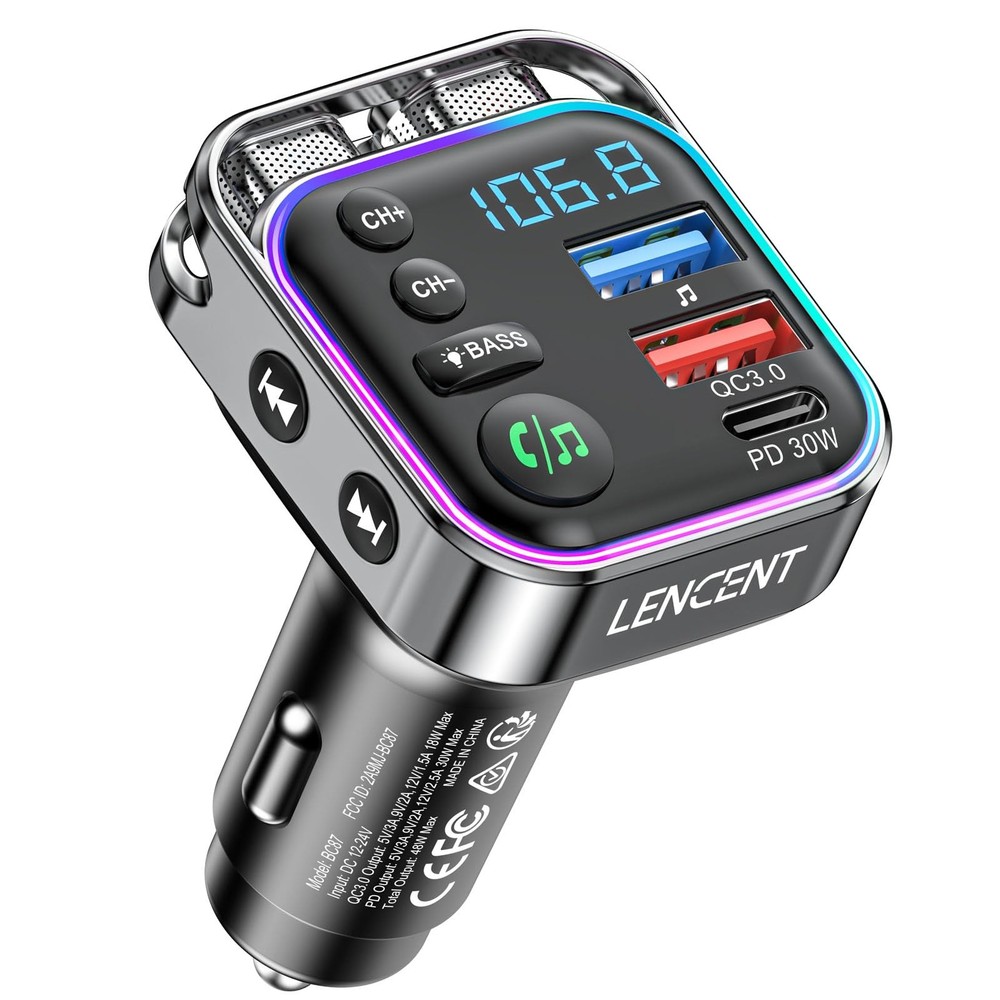 LENCENT Bluetooth 5.3 FM Transmitter Car Adapter 48W PD30W  QC18W Fast Charge...