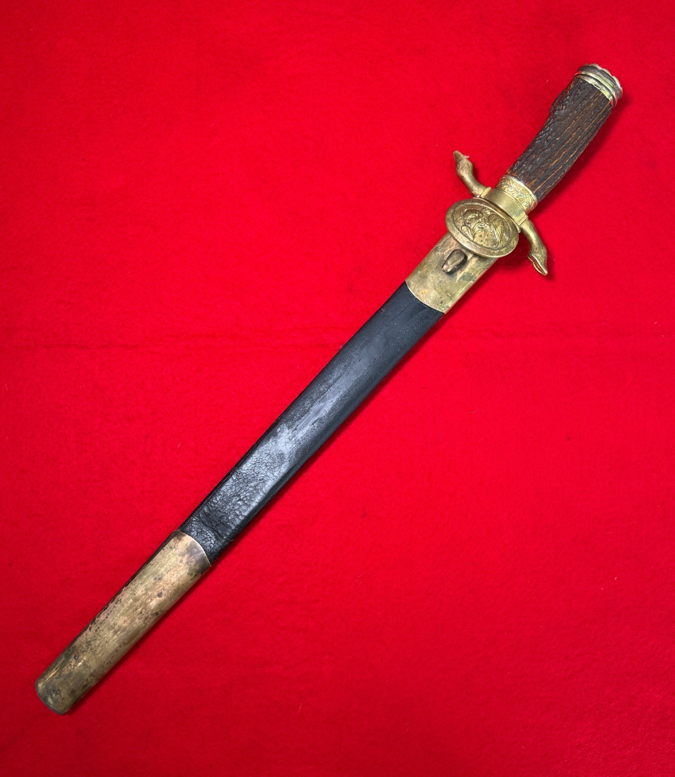 19th Century Imperial Hunting Sword Cutlass w/Scabbard and Stag Grip Very Rare