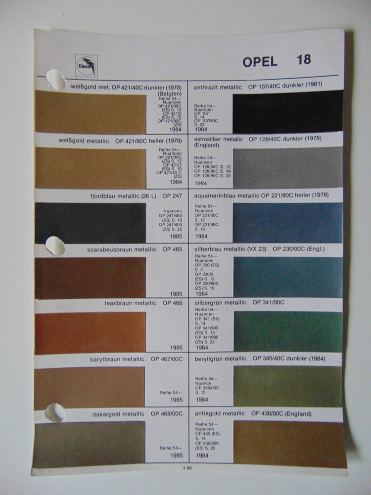 Original Glasurit Opel Paint Chips Sheet - 1984-1985