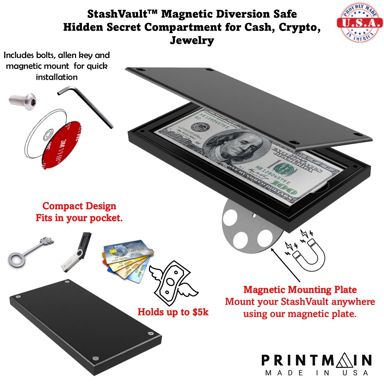 StashVault Diversion Safe, Hidden Secret Magnetic Stash Box Cash Crypto USA MADE