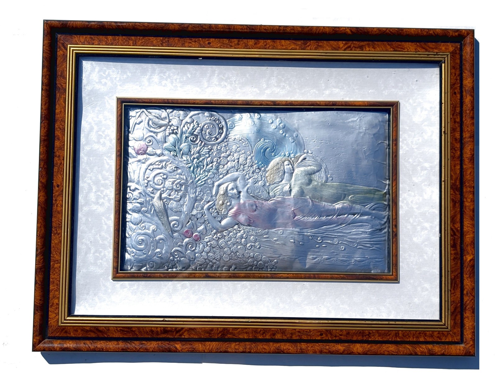Large Vtg Art Nouveau Sterling Silver Argento Italy Colored Framed Art Plaque