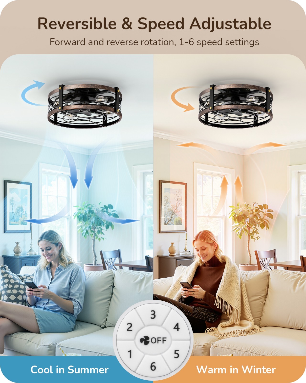 EDISHINE Pre-Assembled Ceiling Fan with Light & Remote 21" Flush Mount Farmhouse