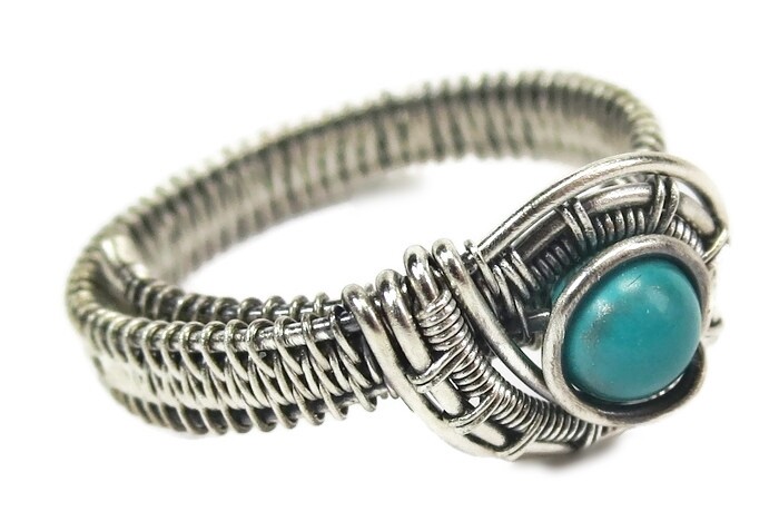 Turquoise Adjustable Ring, Woven in Sterling Silver Wire