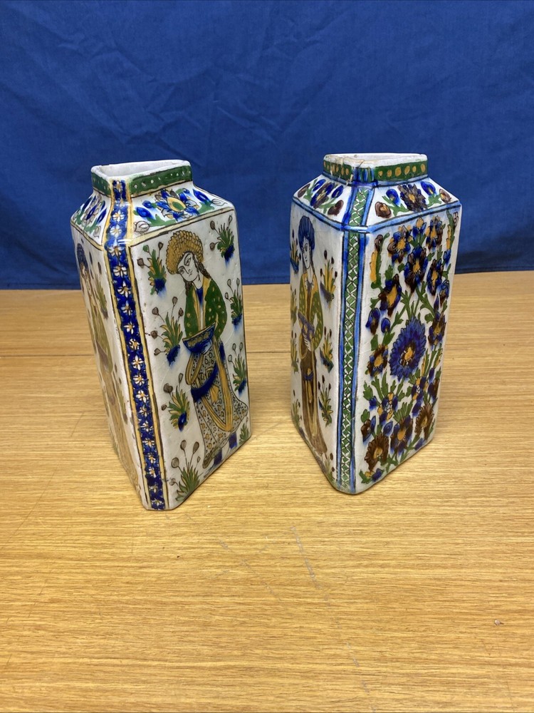 2 Antique Persian Qajar Pottery 9” Triangular 19th Century Vases