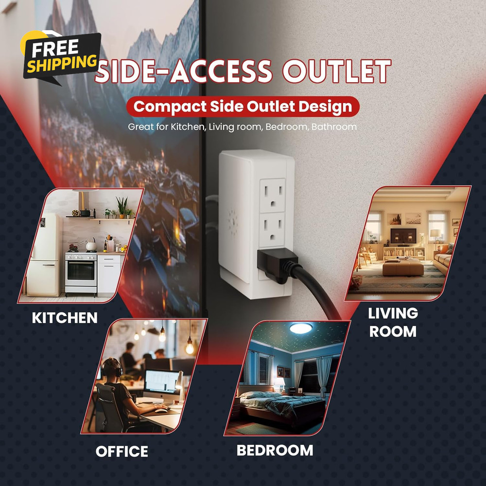 2 Pack Side Outlet Plug Adapter, 6-Outlet Extender, 3-Prong, Multiple Plug