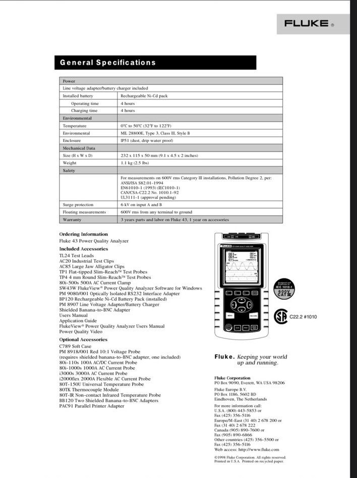 Fluke 43 Power Quality Analyzer Maintain power systems, troubleshoot problems