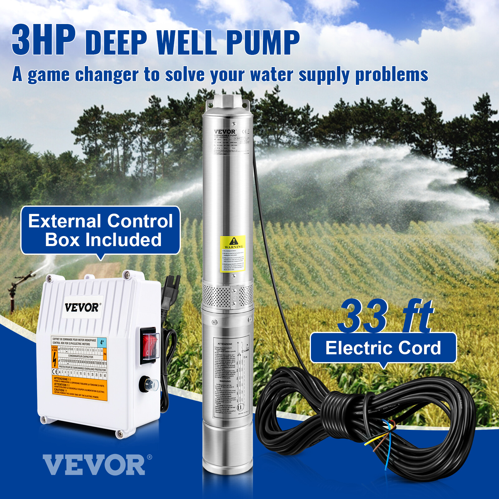 VEVOR 3HP 4” Deep Well Pump 640ft Submersible Pump 37GPM w/Control Box 230V
