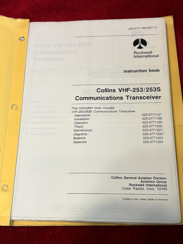 COLLINS VHF 253/253S COMM TRANSCEIVER INSTRUCTION BOOK