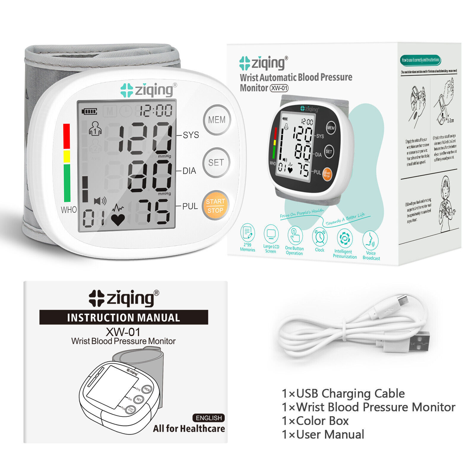 LCD Screen Wrist Blood Pressure Monitor Adjustable Cuff Heart Rate Machine