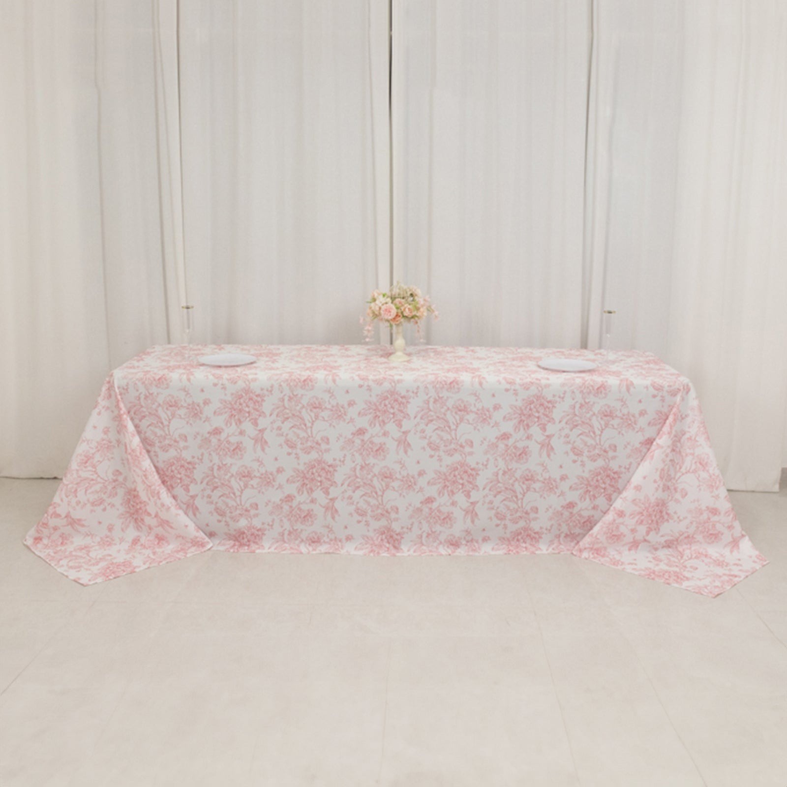 90" x 156" Pink French Toile Pattern Polyester Rectangular Tablecloth