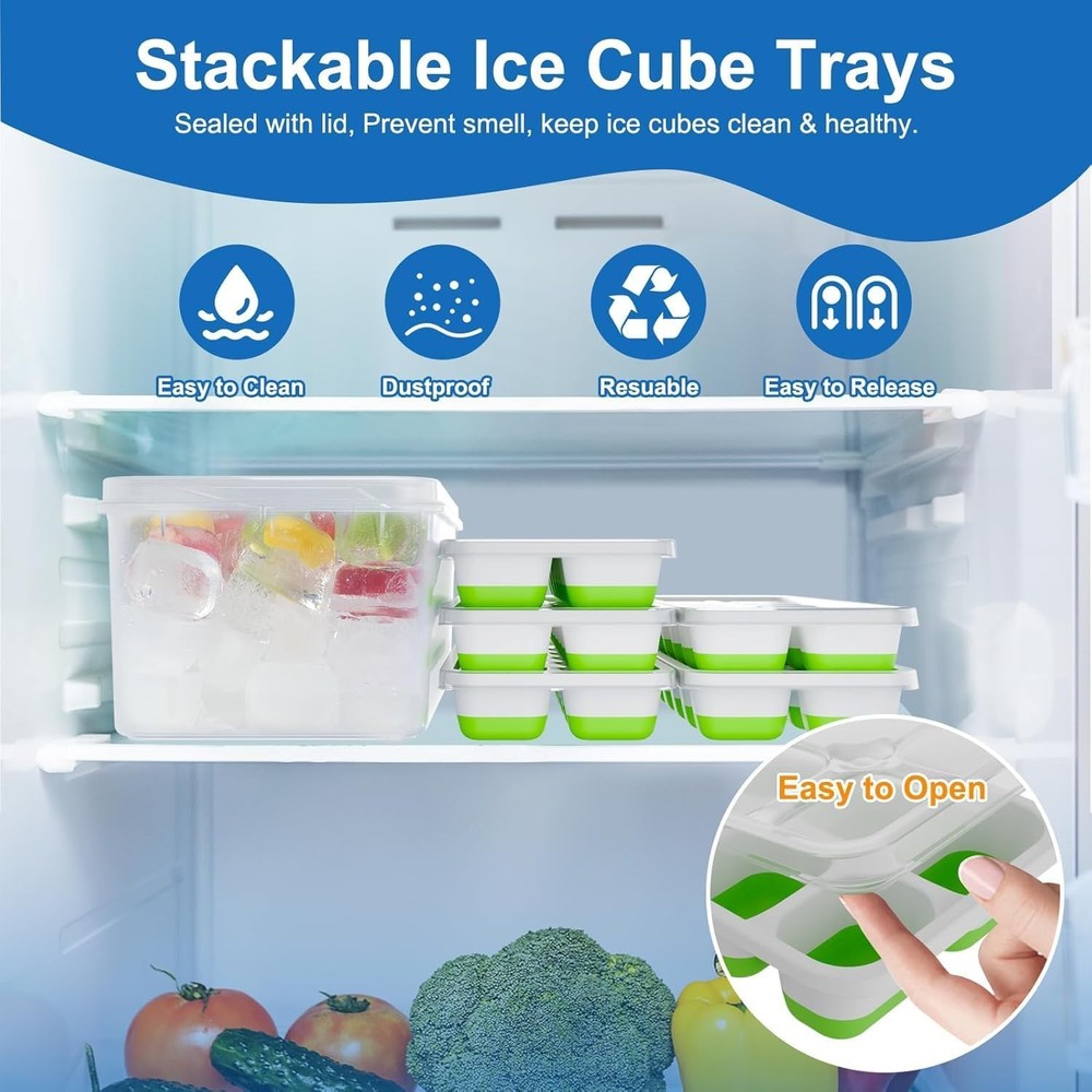 Ice Cube Trays for Freezer with Lids, 4 Pack 56-Cube Stackable Ice Trays, Easy-