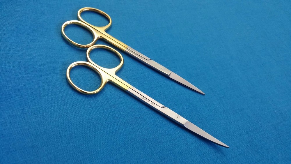 2 GOLD HANDLE ASSORTED IRIS MICRO DISSECTING SCISSORS STRAIGHT + CURVED 4.5"