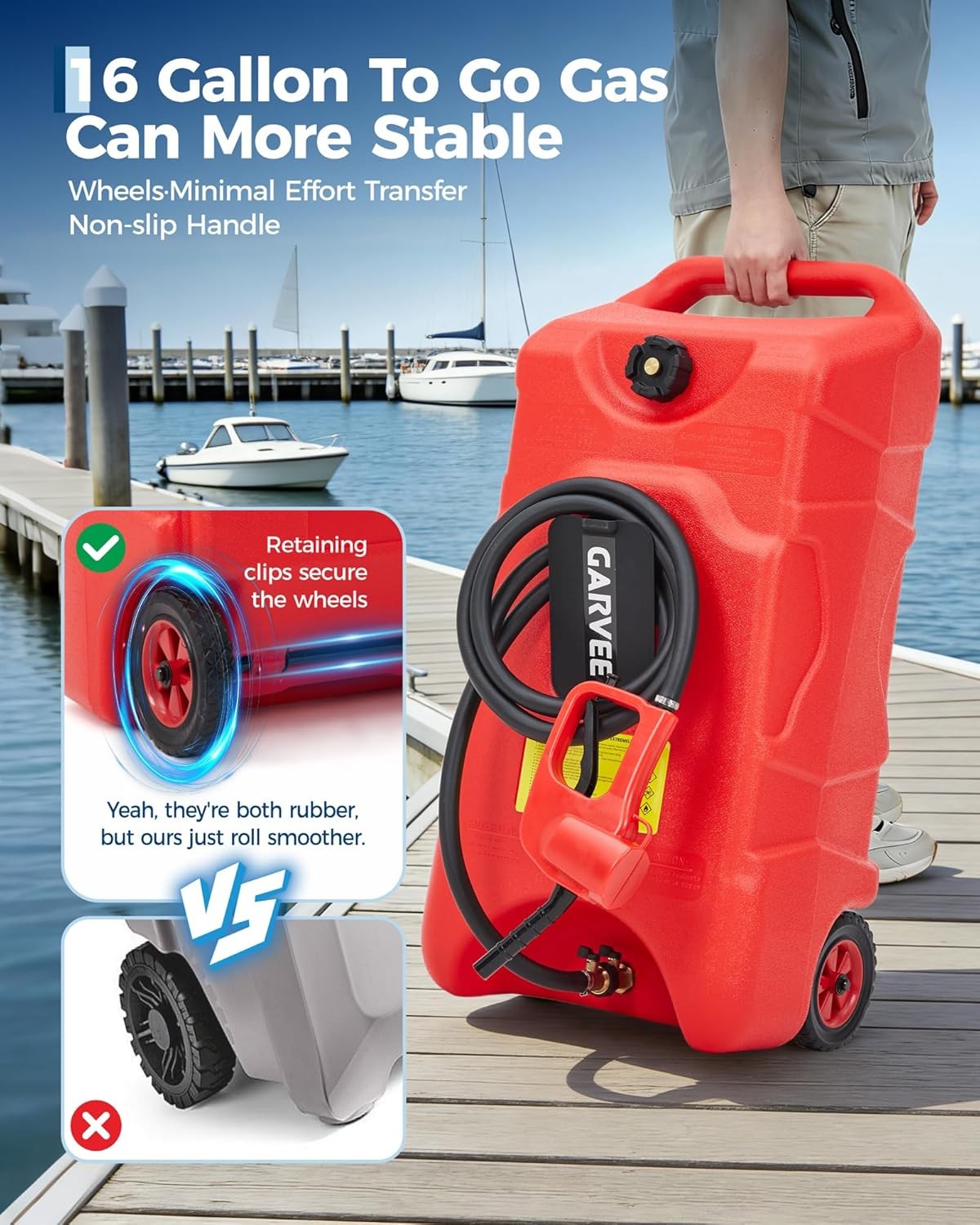 Upgraded Fuel Transfer System: 16 Gal Gas Caddy with Manual Pump for ATV, Boat