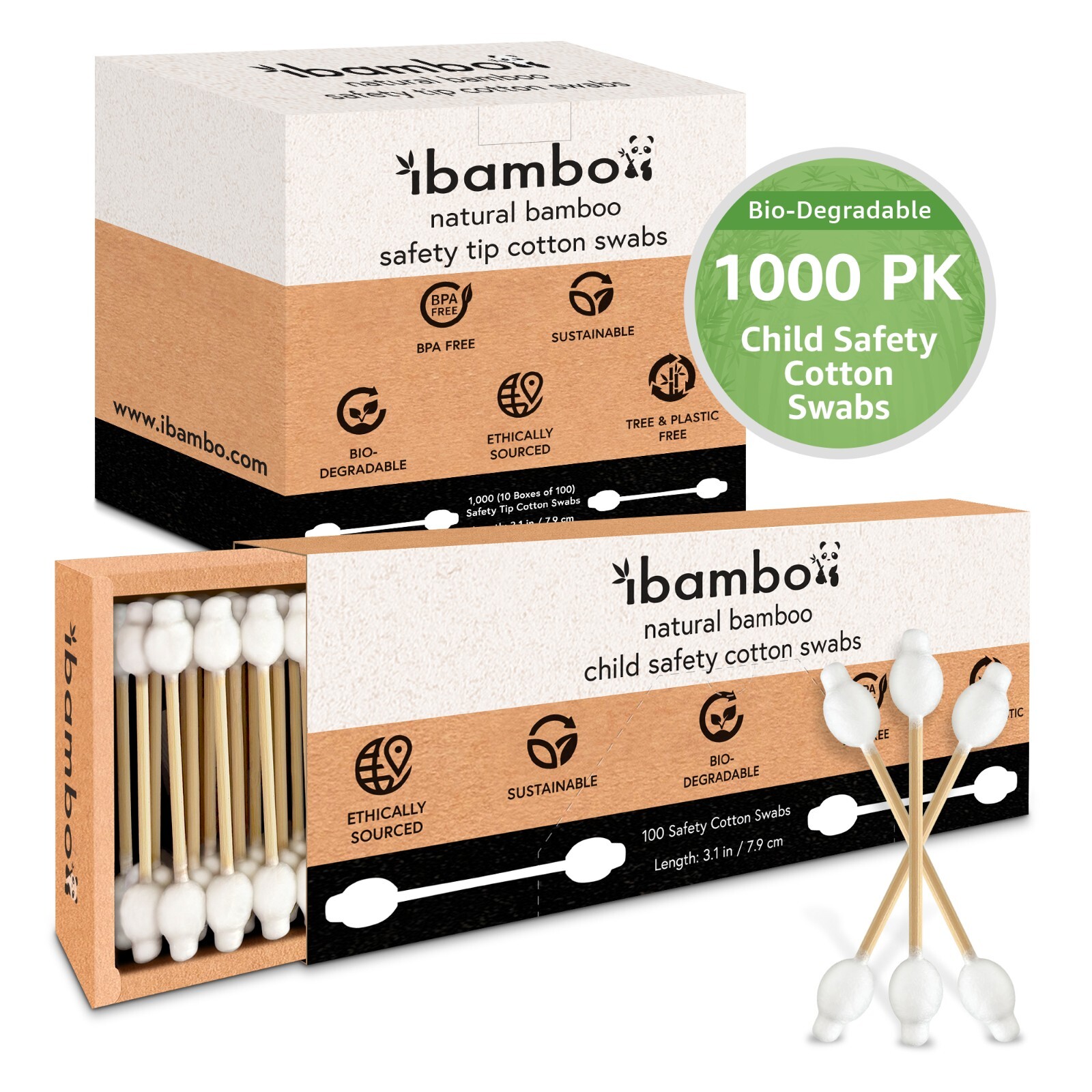 Ibambo Bamboo Child Safety Cotton Swabs - 1000 Pack, for Ear and Nose Cleaning