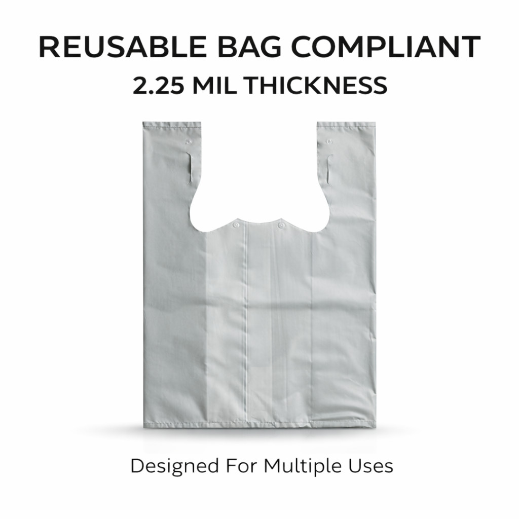 Gray Plastic Grocery T-Shirt Bags 12x7x20 2.25 Mil Reusable Extra Heavy Duty