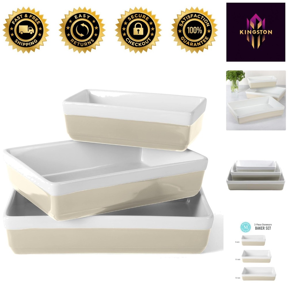 Charming 3-Piece Stoneware Casserole Set – Smooth Glazed Interior, Stackable