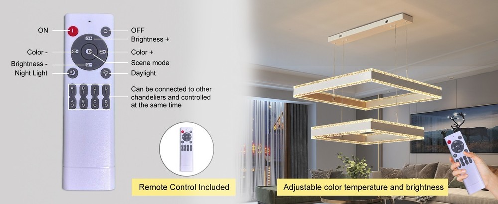 Modern Square 2-Ring LED Chandelier White Dimmable Ceiling Light w/ Remote Fix