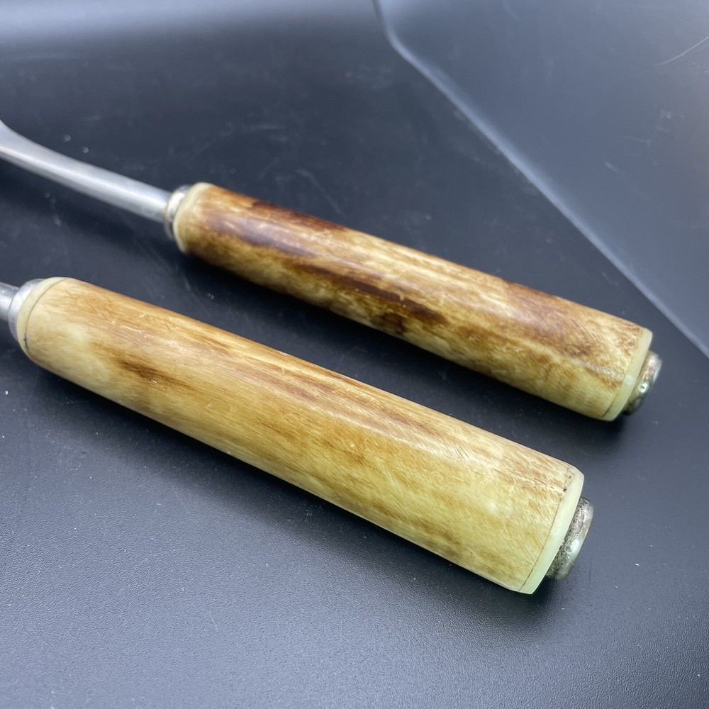 faux bone Wood handle serving fork spoon Plastic? Bakelite? Celluloid?