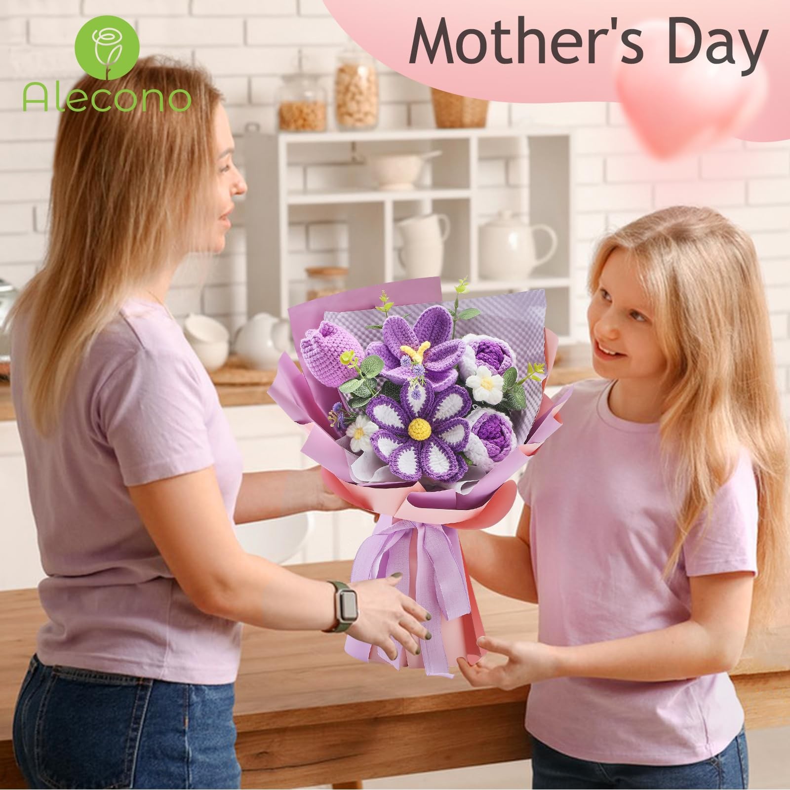 Alecono Crochet Flower Bouquet, Purple Knitted Flowers, Large,