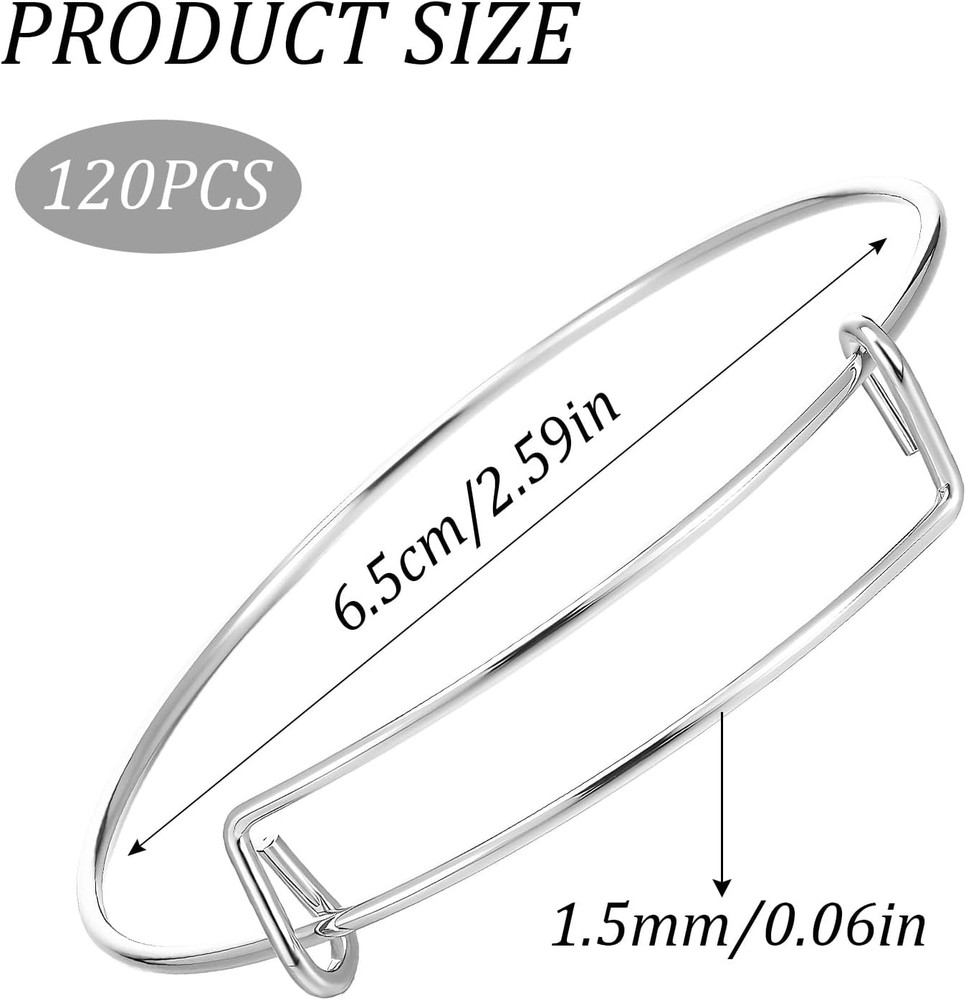 120 Pcs Charm Bracelet Bulk Expandable Blank Bangle Bracelets Silver Bangle Char