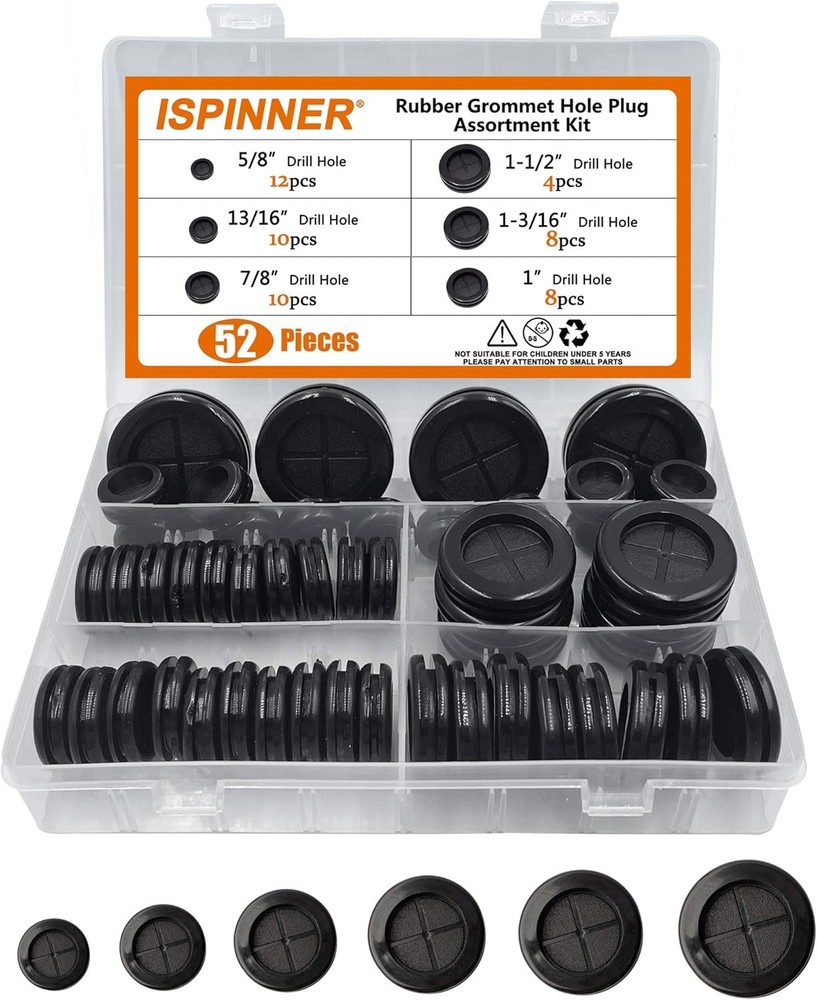 ISPINNER 52pcs 6 Sizes Rubber Grommet, Double Sided Round Hole Black