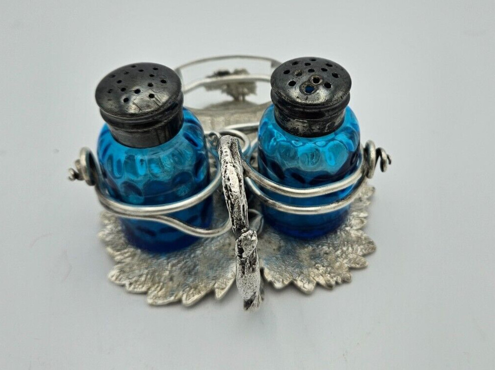 Antique sterling silver Hand-Made Stand w/Salt & Pepper Shakers & Salt Cellar