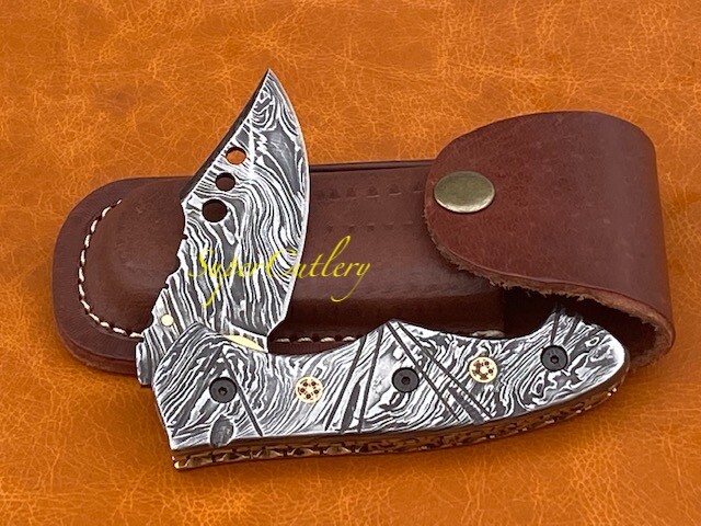 STUNNING SOLID FULL DAMASCUS STEEL ENGRAVED FOLDING KNIFE WITH BRASS FILE WORK
